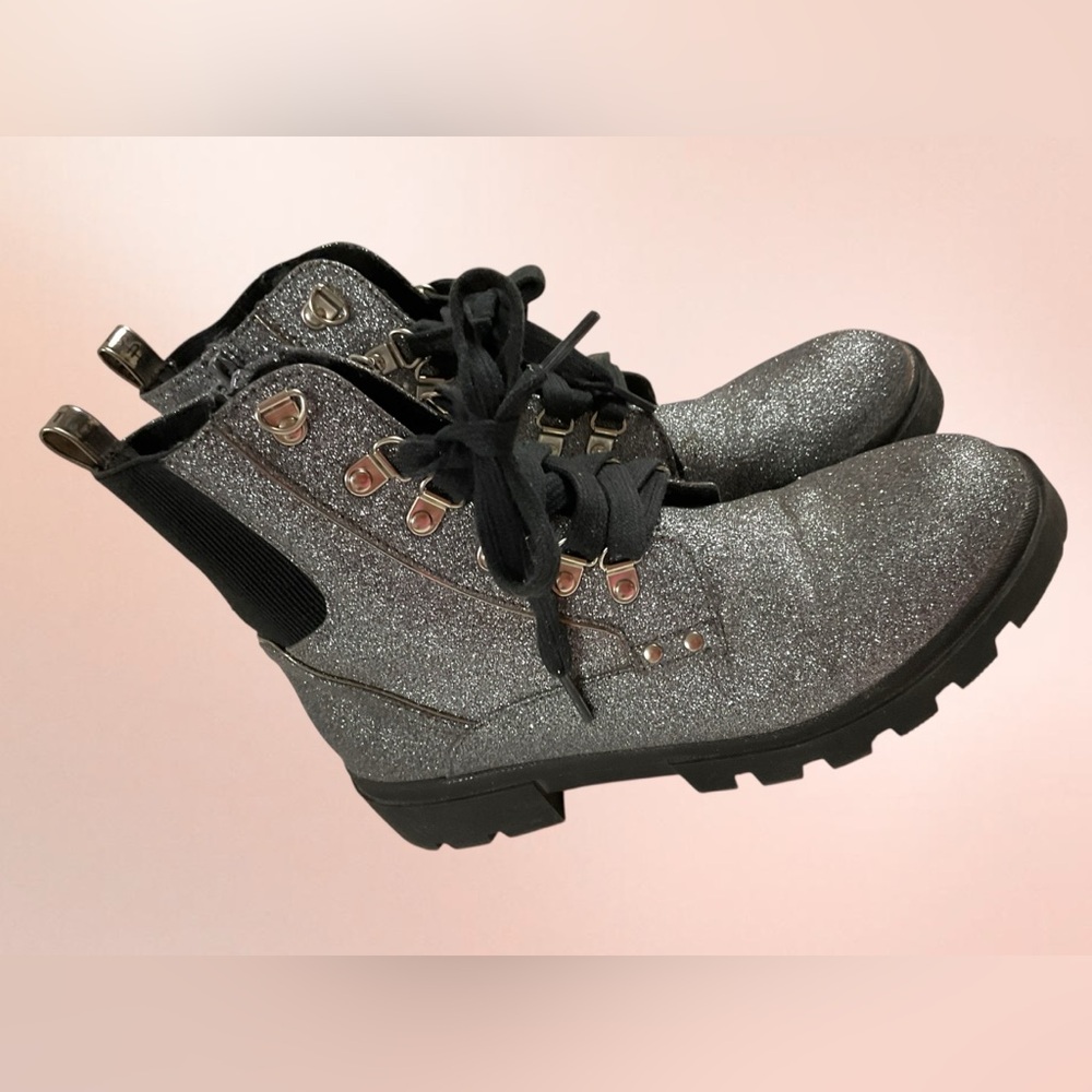 Justice Big Girls Black/Gray Glitter High Ankle Lace-Up Boots w/Side Zip Size 6